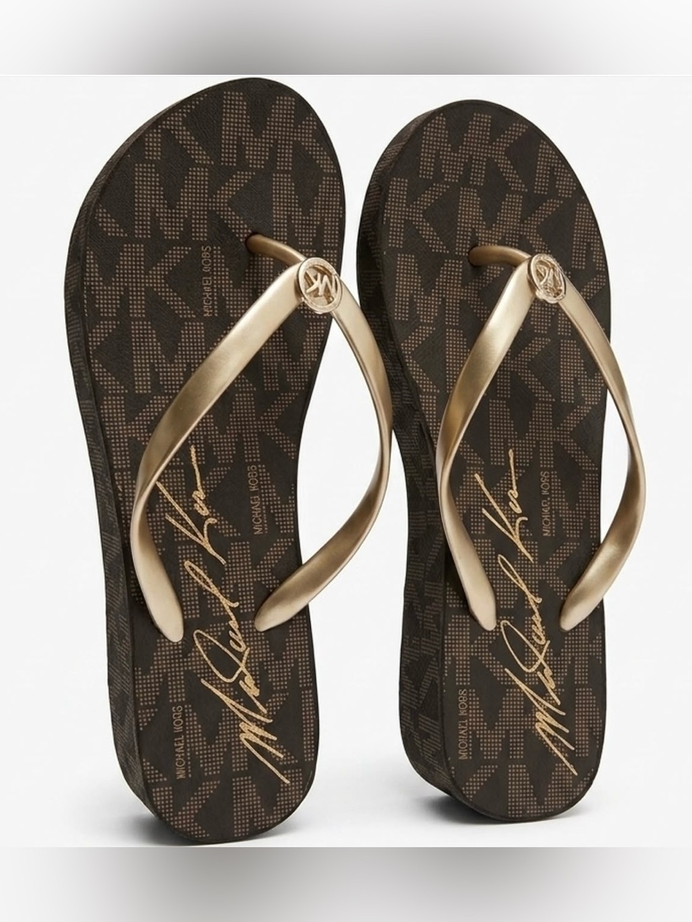 Michael Kors Bedford Wedge Flip Flops Brown Gold MK Logo Sandals Size 10